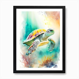 A Single Sea Turtle In Coral Reef, Sea Turtle Storybook Watercolours 4 Art Print