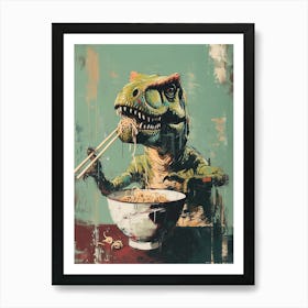 T Rex Eating Ramen Pastel Teal Art Print