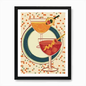 Geometric Cream Red & Orange Cocktails Art Print