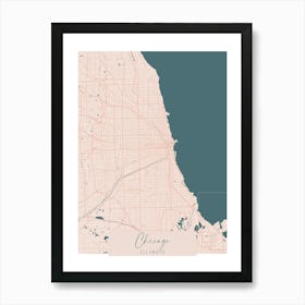 Chicago Illinois Pink and Blue Cute Script Street Map Art Print