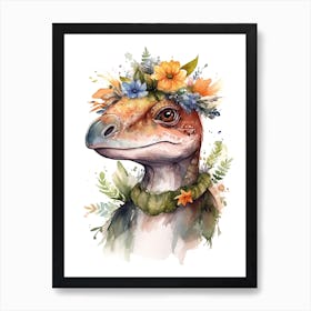 Velociraptor With A Crown Of Flowers Cute Dinosaur Watercolour 3 Art Print