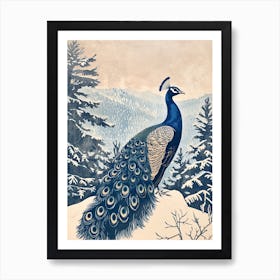 Blue Linocut Peacock Snow Scene 2 Art Print