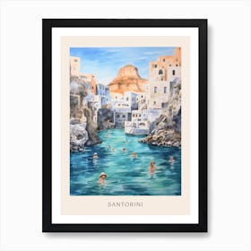 Swimming In Santorini Greece 2 Watercolour Poster Art Print