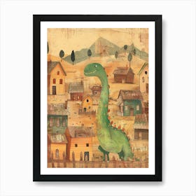 Dinosaur In A Village Storybook Style 3 Art Print