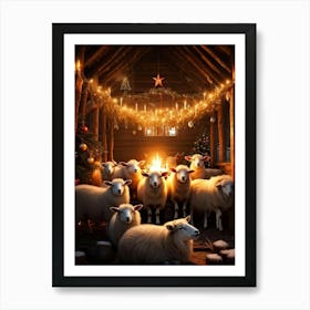 Sheep Gathered In A Rustic Barn For A Christmas Celebration Stars Glowing From Numerous Candles Arr Art Print