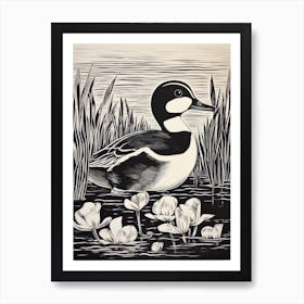 B&W Bird Linocut Bufflehead 3 Art Print