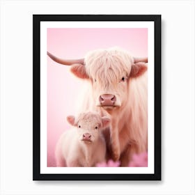 Highland Cow With Calf Pink Portrait Art Print
