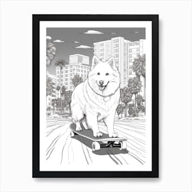 American Eskimo Dog Skateboarding Line Art 1 Art Print