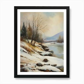 Ancient landscapes, old winter oil paintings and rocks around the lake bank. Snow is falling on the lake, old colors.16 Art Print