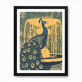 Blue Mustard Peacock In A Fountain Art Print