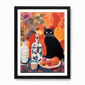 Rose Flower Vase And A Cat, A Painting In The Style Of Matisse 7 Art Print