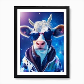 Funny Cow Wearing Jacket And Glasses With In Space Background Cool Art Print