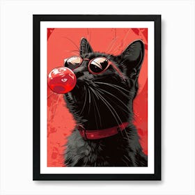 Black Cat With Red Bubble Gum Póster