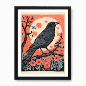 Vintage Bird Linocut Crow 1 Art Print