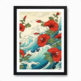 Great Wave With Morning Glory Flower Drawing In The Style Of Ukiyo E 1 Art Print