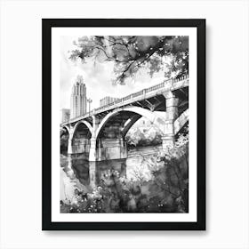 Congress Avenue Bridge Austin Texas Black And White Watercolour 4 Art Print