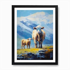 Highland Cow & Calf In The Snowy Mountains Art Print