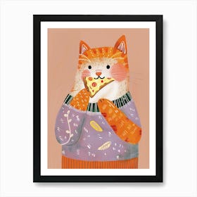 Orange Cat Pizza Lover Folk Illustration 3 Art Print