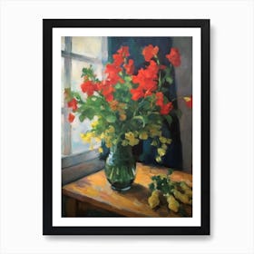 Flower Vase Snapdragons With A Cat 2 Impressionism, Cezanne Style Art Print