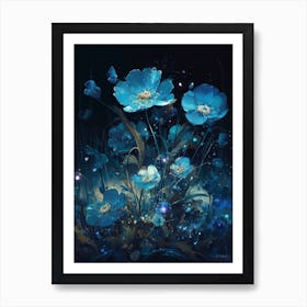 Blue glowing flowers: stars in the dark night Art Print