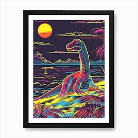 Neon Lines Dinosaur On The Beach Art Print