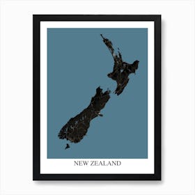 New Zealand Black Blue Map Art Print