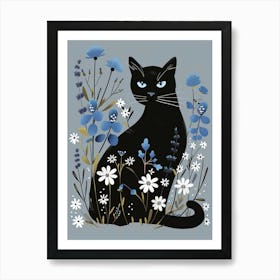 Black Cat In Blue Flowers Art Print