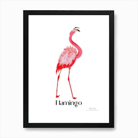 Flamingo. Long, thin legs. Pink or bright red color. Black feathers on the tips of its wings.5 Art Print