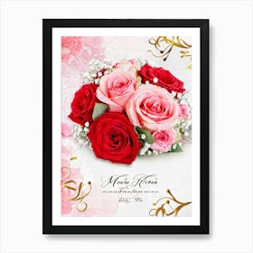 Bouquet Of Vibrant Red And Pink Roses Intertwined With Delicate Babys Breath Cascading As A Lush Art Print