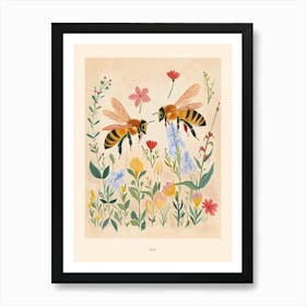 Folksy Floral Animal Drawing Bee Poster Art Print