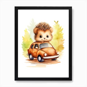 Baby Hedgehog On Toy Car, Watercolour Nursery 3 Art Print