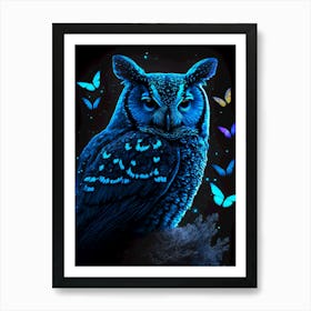 Blue owl with butterflies 1 Art Print