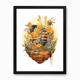 Wool Carder Mimic Bee Beehive Watercolour Illustration 4 Art Print