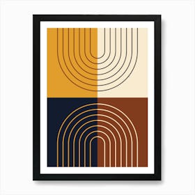 Abstract Rainbow Line and Blocks III in Mustard Brown Black Beige Midcentury Modern Art Print