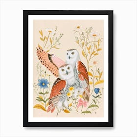 Folksy Floral Animal Drawing Snowy Owl Art Print