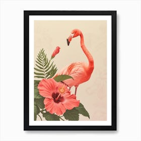 American Flamingo And Hibiscus Minimalist Illustration 3 Art Print