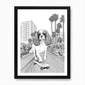 Cavalier King Charles Spaniel Dog Skateboarding Line Art 3 Art Print