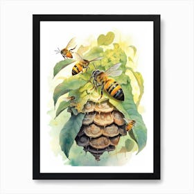 Wool Carder Bee Beehive Watercolour Illustration 2 Art Print