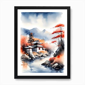 Watercolor Japanese Landscape Painting (12) Art Print