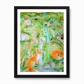 Dreaming Earth Mother With Foxes Art Print