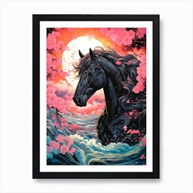 Black Horse In The Water Art Print