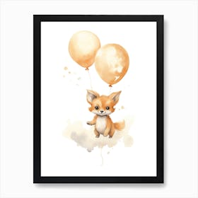 Baby Fox Flying With Ballons, Watercolour Nursery Art 3 Art Print