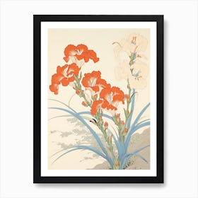 Great Wave With Gladiolus Flower Drawing In The Style Of Ukiyo E 3 Art Print