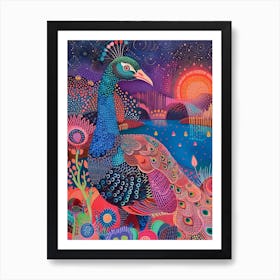 Dotwork Peacock At Night By The River Art Print