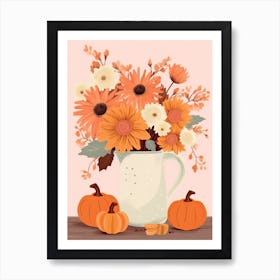 Pitcher With Sunflowers, Atumn Fall Daisies And Pumpkin Latte Cute Illustration 0 Art Print