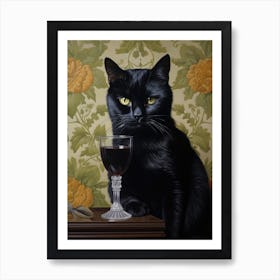 A Black Cat Holding A Glass Of Wine Painting Art Print