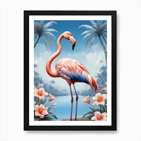Floral Blue Flamingo Painting (20) Art Print