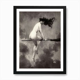 Nude Witch On A Broom, Vintage Halloween Art Art Print