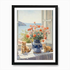 Cat With Geranium Flowers Watercolor Mothers Day Valentines 1 Art Print