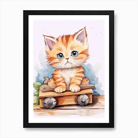 Kitten On Toy Car, Watercolour Nursery 0 Art Print